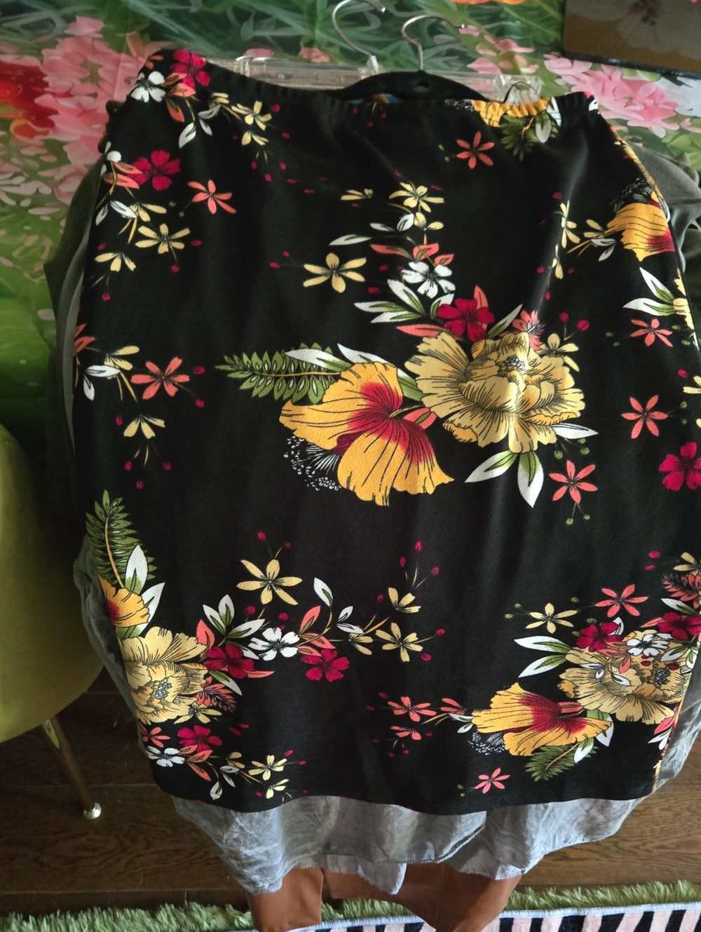 Floral Midi Skirt - Black with Yellow & Pink Bloom